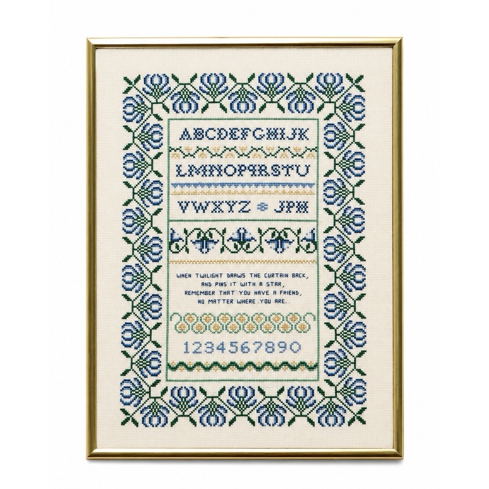 Vintage Needlepoint Sampler Framed Blue Green Grandmillennial Cottage Wall Art